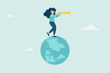 Globalization, global business vision, world economy or business opportunity concept, smart businesswoman standing on the globe, planet Earth using a telescope to see the vision or future opportunitie