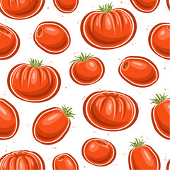 Vector Tomato Seamless Pattern, repeat background with variety cut out ripe farming tomatoes for bed linen, decorative square poster with group of flat lay whole juicy tomato fruits for home interior - obrazy, fototapety, plakaty