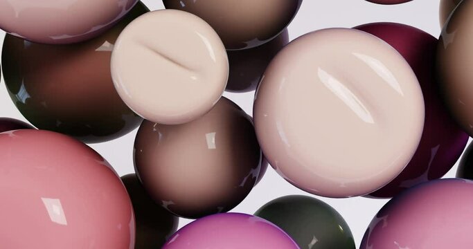 3d soft spheres fly, collide and spring, the camera flying through the balls.  Abstract screensaver, presentation background video soft bodies balloons come together