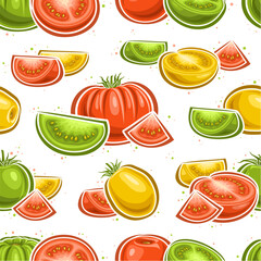 Vector Colorful Tomato seamless pattern, repeat background with still life composition of variety tomatoes for bed linen, decorative square poster with group of flat lay tomato fruit for home interior