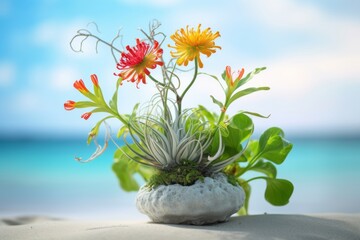 Summer Themed Flora Arrangment with a Beachscape Background