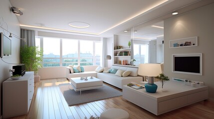 Fototapeta na wymiar Interior design spacious bright studio apartment, generative ai