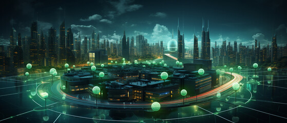 Smart city Futuristic cityscape with light trails connect with wave line creative design, big data connection technology concept, Digital skyline
