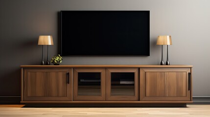 living room cabinet tv on dark, generative ai