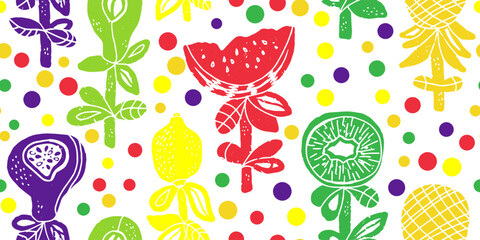 Bright funny joyful print. Stylized fruits. Abstract colorful vector pattern.