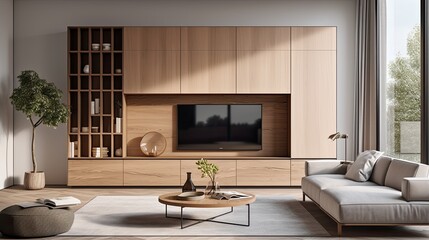 modern interior living room wooden cabinet, generative ai
