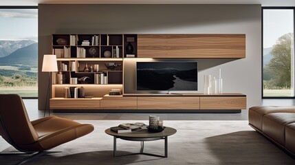modern interior living room wooden cabinet, generative ai