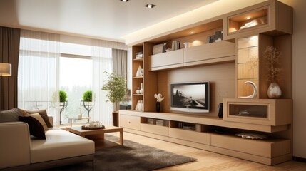 modern interior living room wooden cabinet, generative ai