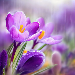 Raindrops nourish the crocus, adding a touch of sparkle to its delicate features