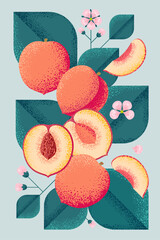 Ripe peaches with leaves and flowers. Illustration with grain and noise texture. 