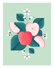 Ripe red apples with leaves and flowers. Illustration with grain and noise texture. 