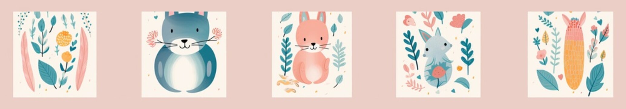 Baby posters and cards with animals and flowers pattern.  illustrations with cute animals. Nursery baby illustrations, Generative AI