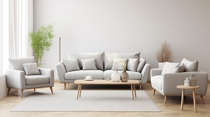 scandinavian style livingroom gray fabric armchair, generative ai