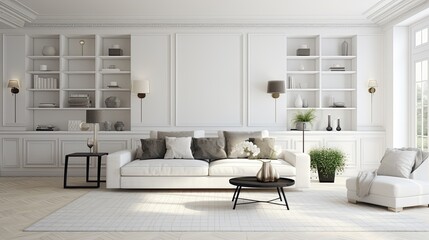 Fototapeta na wymiar spacious white room pattern carpet sofa, generative ai