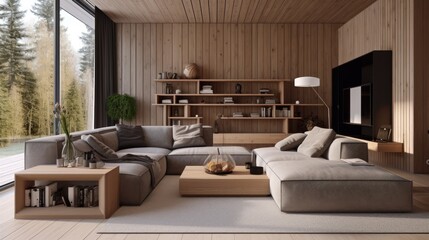 stylish interior design living room wooden, generative ai