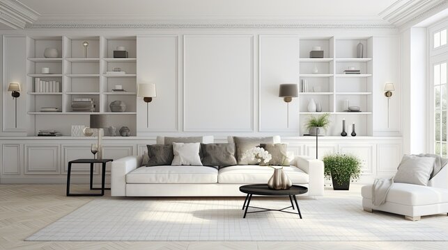spacious white room pattern carpet sofa, generative ai