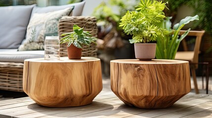 Fototapeta premium two wooden coffee tables plant pot, generative ai