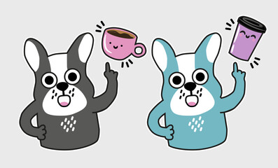 Cute french bulldog with cartoon coffee, colored stickers with dogs, bulldog puppy surprised and drinks a drink to go