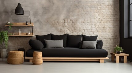 wooden sofa dark pillows scandi style, generative ai