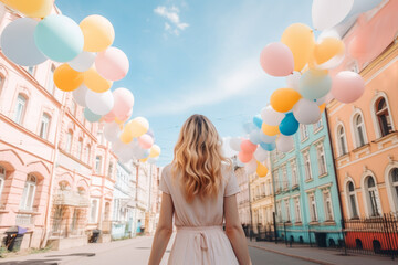 Woman walking on the street full of colorfull balloons. Party, romance, fun concept. AI generative, illustration