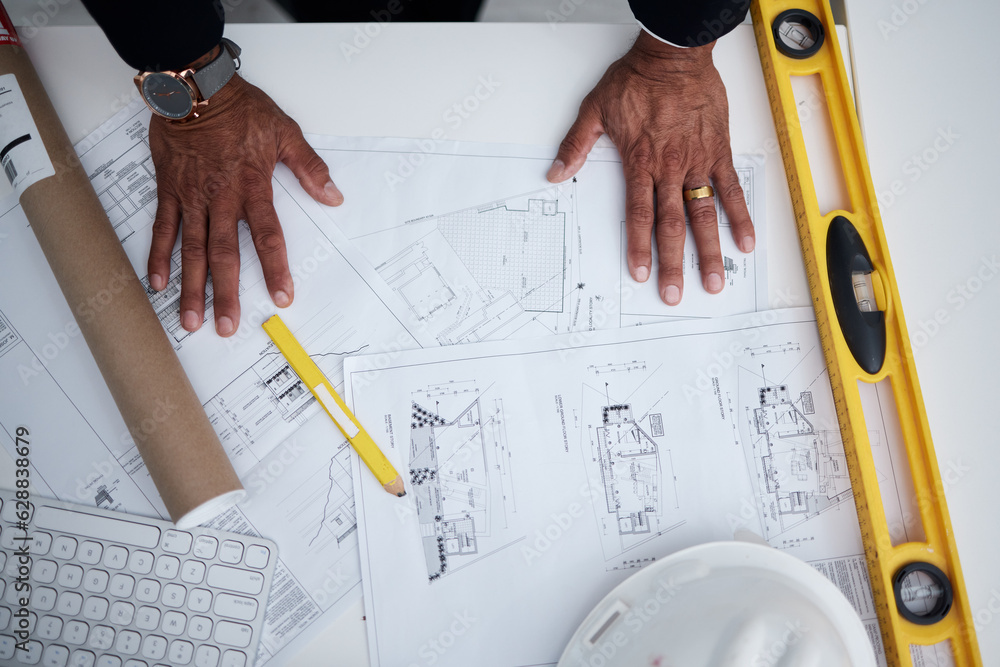 Poster Top view of man, hands and architect with blueprint, project illustration and engineering process. Closeup of designer with documents, floor plan and stationery tools to sketch planning of buildings