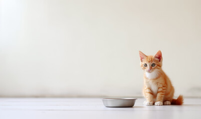 Small kitten eating looking food in bowl