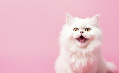 cute white cat on pink background