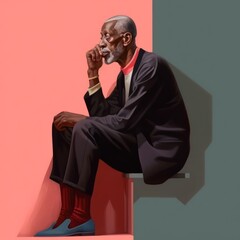 Black old man in thinking and doubts vintage illustration. Male character with dreamy face on abstract background. Ai generated retro bright poster.