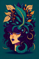 A detailed illustration of a Medusa with dark gothic, leaf, and flower for a t-shirt design