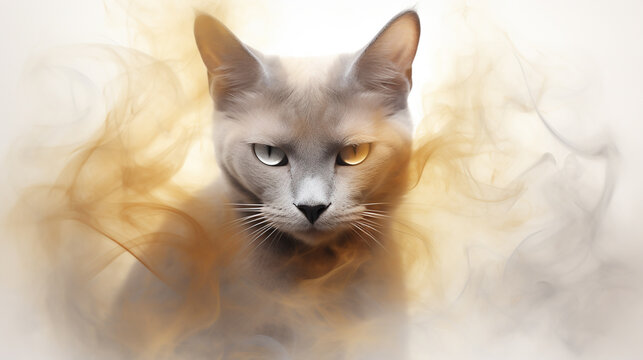 The Burmese cat appears in a captivating swirl of light orange smoke, radiating charm and affection with its alluring eyes and sleek coat.