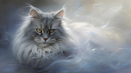 The British Longhair cat enchants amidst a soft, light blue-grey smoke, showcasing its majestic beauty and elegant demeanor.