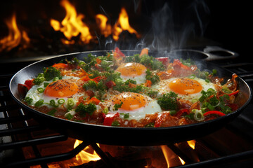 Fototapeta premium Delicious fried eggs with vegetables in a frying pan cooked on fire with smoke, tasty and healthy food for breakfast and lunch
