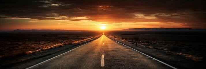 An empty highway stretching for miles with the sun setting in the background - obrazy, fototapety, plakaty