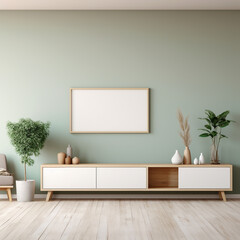 Interior of living room with green walls, wooden floor, white cupboard with horizontal mock up poster frame and plants. 3d rendering.Generative AI