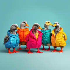 group of ducks in a raincoat and raincoat on a blue background.Generative AI