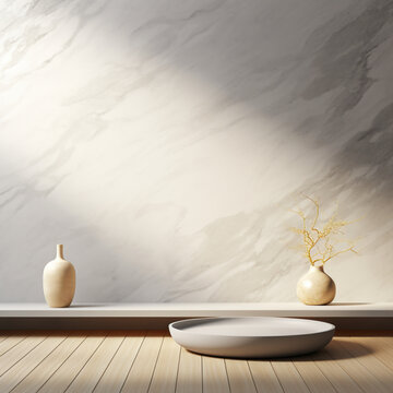 3d render of vase and bowl on wooden shelf in room.Generative AI