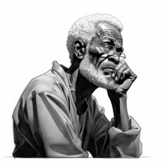 Fototapeta premium Black old man in thinking and doubts monochrome illustration. Male character with dreamy face on abstract background. Ai generated black and white sketch poster.