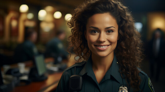 young woman with police officer standing at the city street, smiling at camera and smiling.generative ai