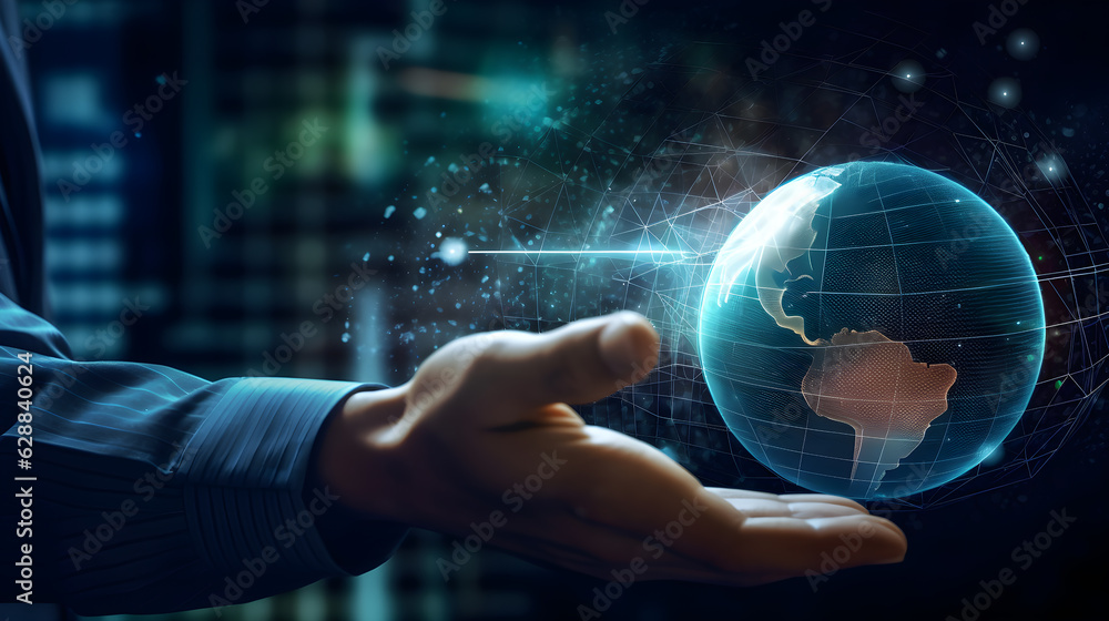 Poster hand pushing a button on a touch screen interface with earth global technology