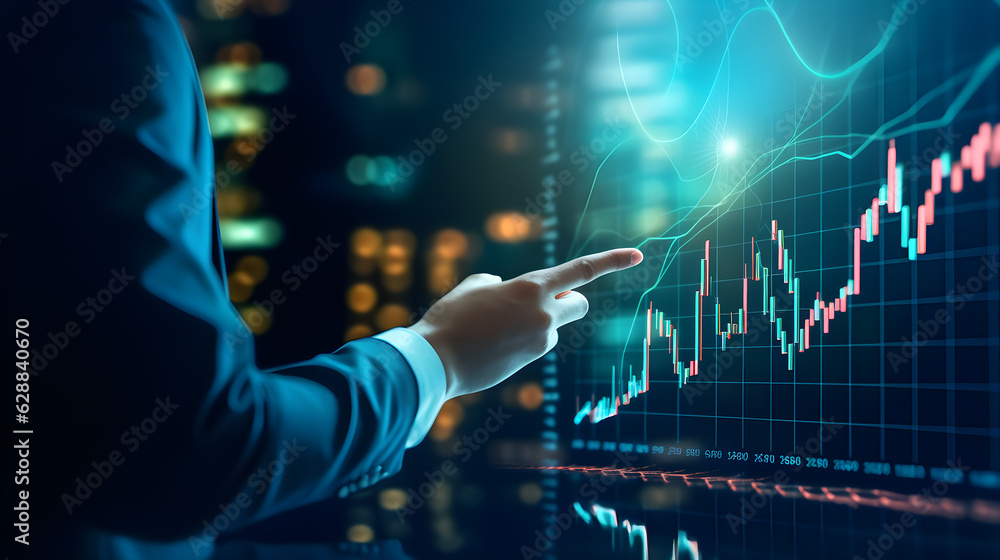 Poster hand pushing a button on a touch screen with stock chart