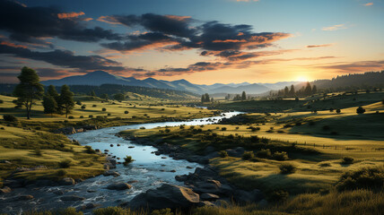 beautiful lake with mountains and forest, illustration.generative ai