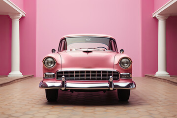 Vehiculo retro rosa, sobre fondo pastel. Ilustracion de ia generativa