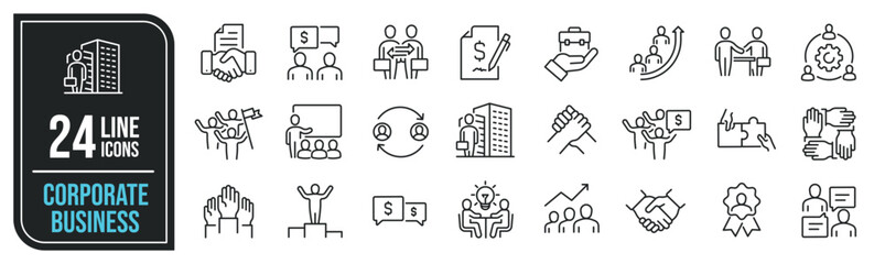Corporate business minimal thin line icons. Related businessman, collaboration, communication, cooperation. Editable stroke. Vector illustration.