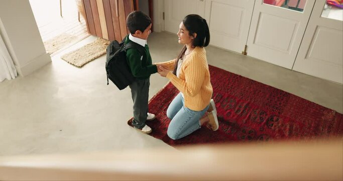 School, leave and mother hug child in home ready for education, childhood development and learning. Academy, family and mom embrace young boy for greeting, goodbye and morning routine for class