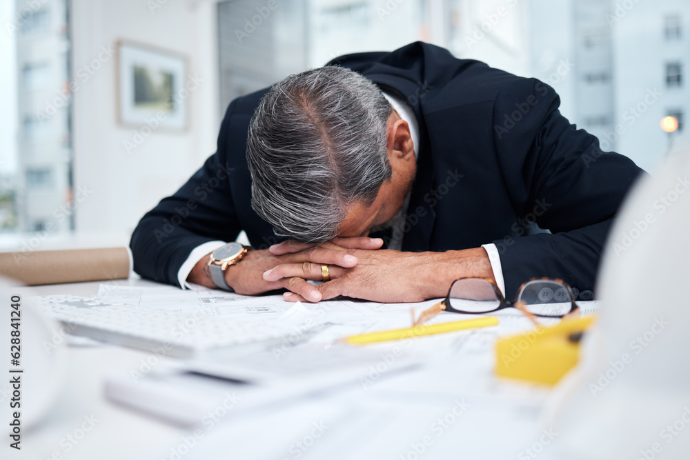 Poster tired, exhausted and architect man in an office with a design problem, mistake or deadline for proje