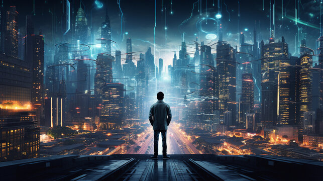 Fototapeta Young generation wearing VR Headset immerse in game simulator-metaverse and fantasy world, futuristic technology abstract shape