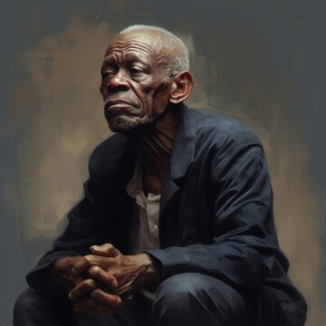Black old man in thinking and doubts oil painted illustration. Male character with dreamy face on abstract background. Ai generated acrylic canvas bright poster.