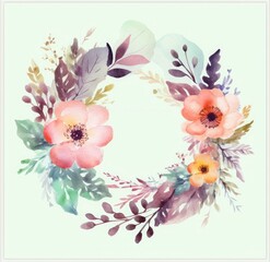 Watercolor illustration with floral wreath, Generative AI