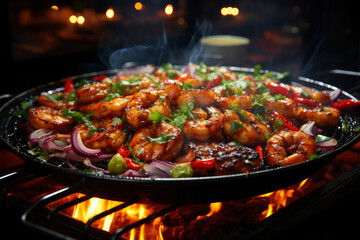 Shrimp fried in a frying pan with lemon, pepper, onion and parsley, cooking seafood with vegetables on fire with smoke