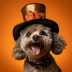 happy Poodle dog with hat. halloween theme. cute costume on orange background.